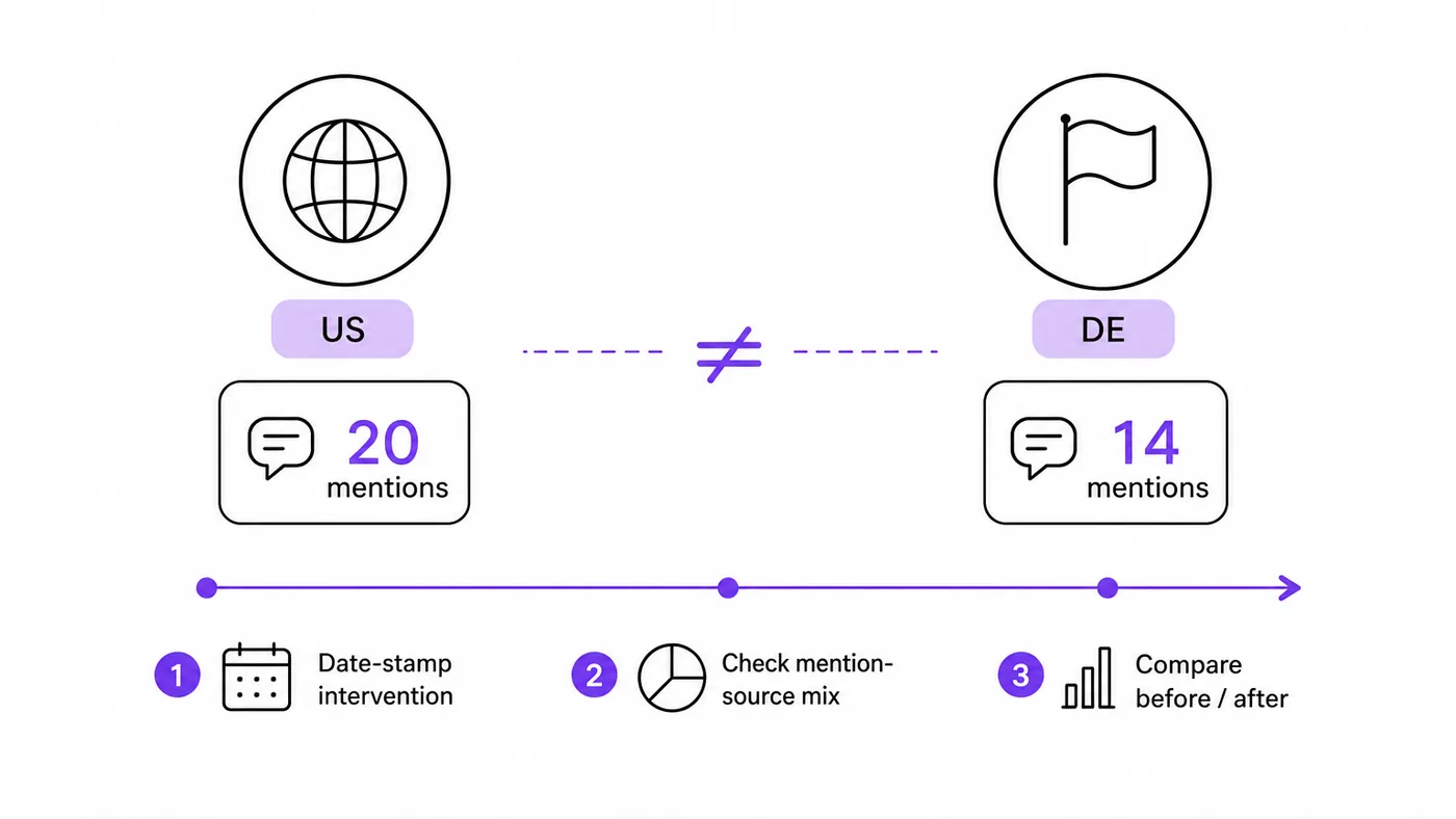 Two comparability rules: identical prompts across regions, and time-aligned tracking of campaign interventions
